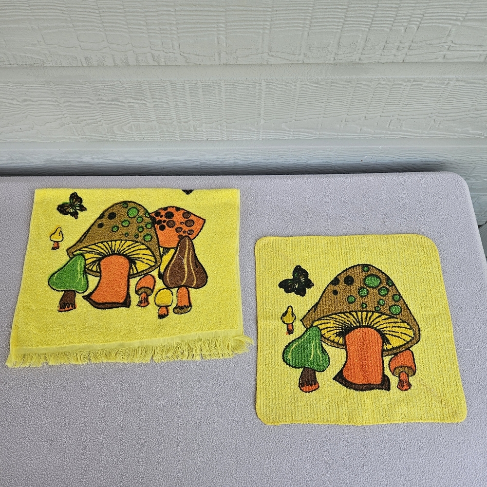 VTG Cannon Yellow & Orange Mushroom Dish Kitchen Towel Washcloth Dishcloth Set